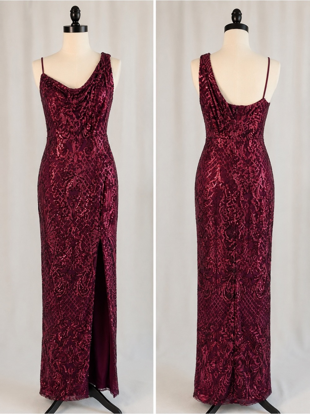 Windsor one shoulder burgundy sequin formal evening gown maxi dress alto women’s